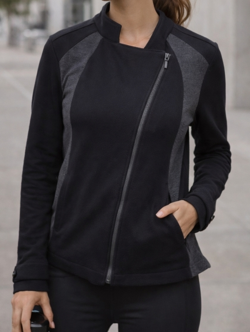 Chico’s Weekends Asymmetrical Zip Jacket Size 2 Black Gray Minimalist Athleisure